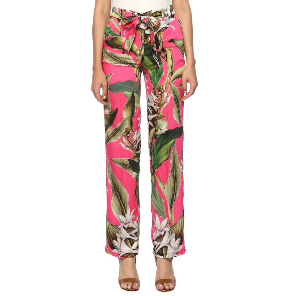 Regular Fit Floral Pattern Silk Pant with belt